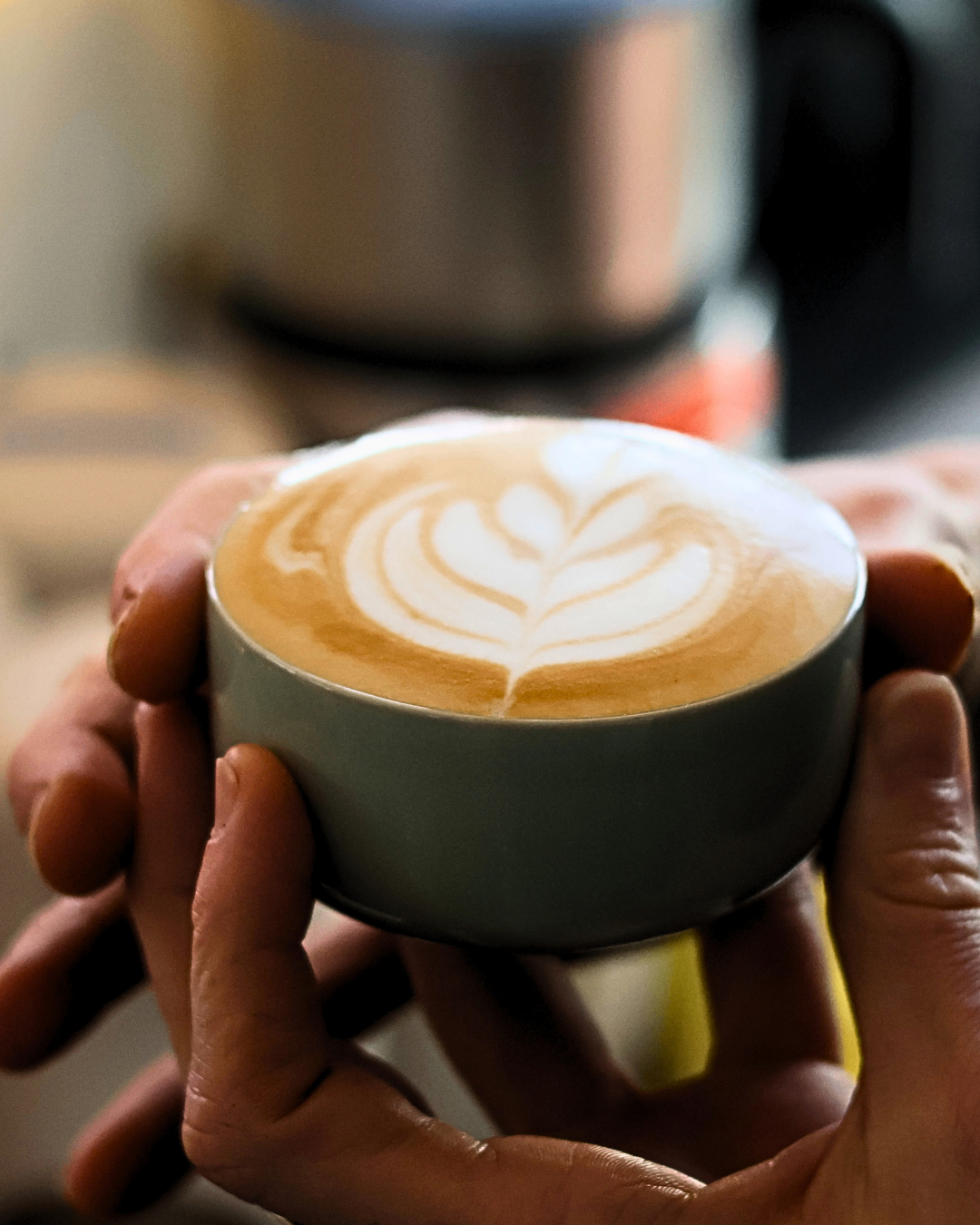 Hands holding a cappuccino with tulip art