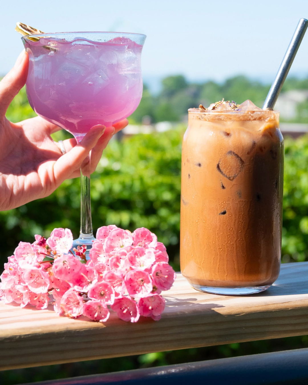 MerTail and iced plant latte on the deck
