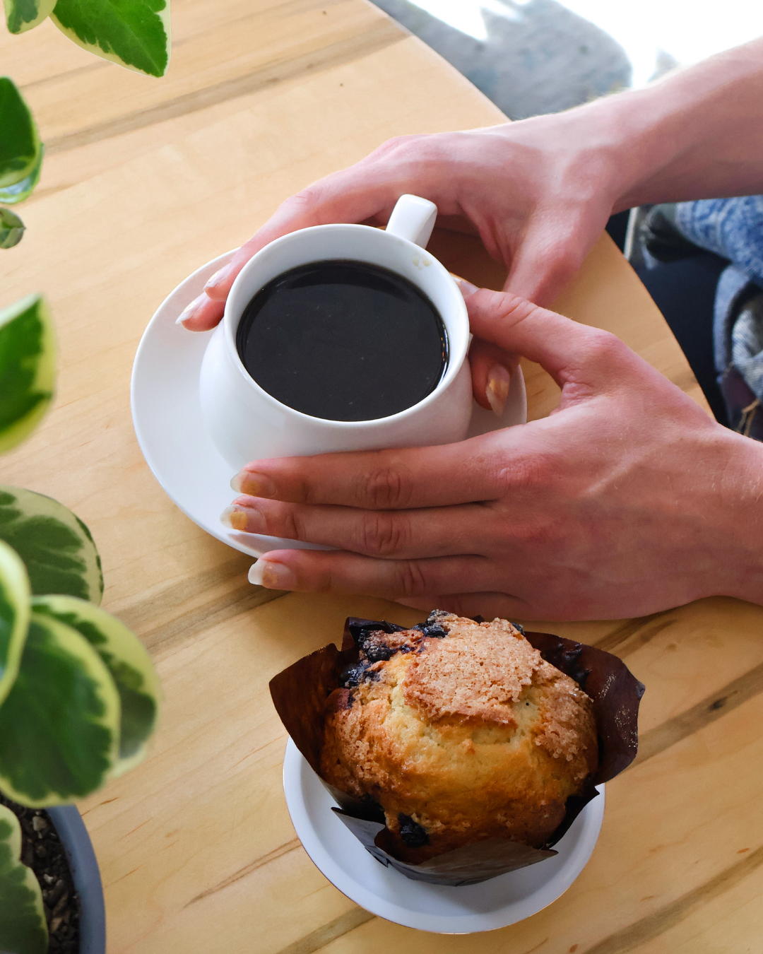 Coffee and muffin at the table, Plant Bar Pastries & Bites