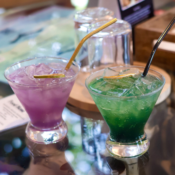 Two colorful zero-proof cocktails, Plant Bar Zero-Proof Cocktails