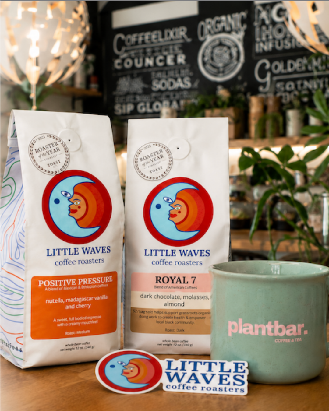 Little Waves whole-bean bags with a Plant Bar mug, Plant Bar Specialty Coffee