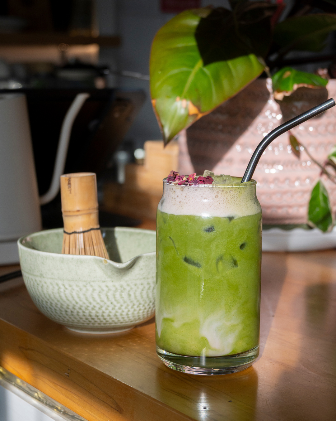 Rose-petal iced matcha latte, Plant Bar Matcha