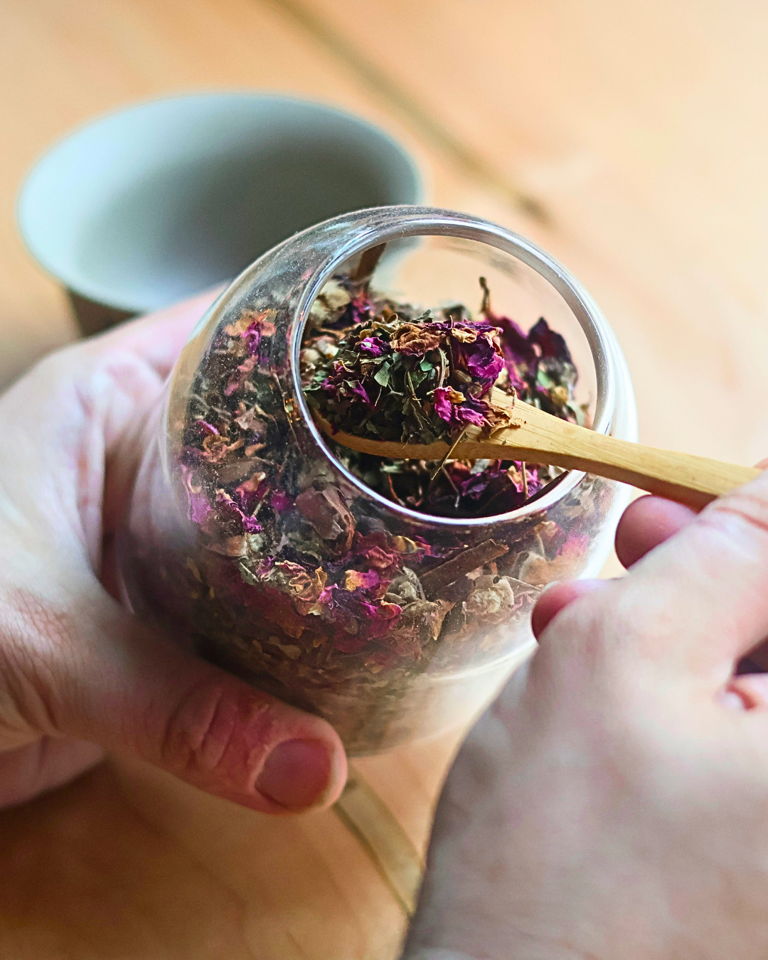 Rose and herb blend in hand, Plant Bar Herbal Tea